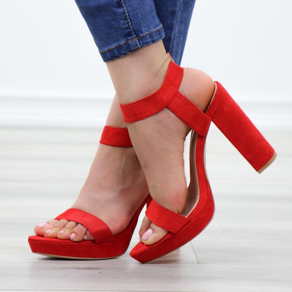 Faux Suede Red Platform Open Pointy Toe High Heels - image 8